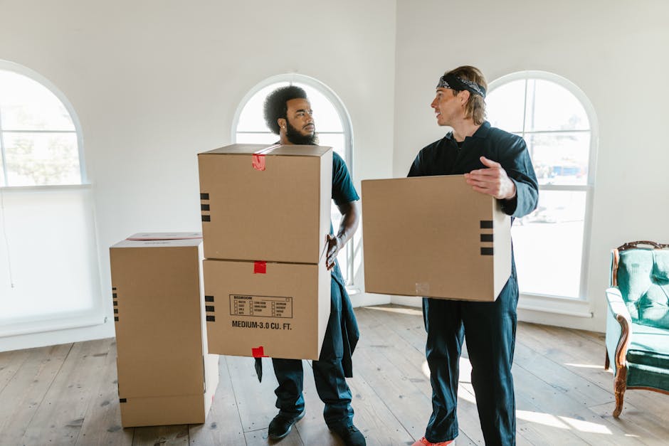 Two male movers from Man with Van Barnet are inside a well-lit room with large, arched windows, engaged in the home relocation process. One mover, with an Afro hairstyle, is holding a medium-sized cardboard box in front of him, while the other, with light hair and a headband, is gesturing with his hand and carrying another box. Several cardboard boxes of varying sizes are stacked on the wooden floor, some with red tape and labels indicating their contents or size. The room has a clean, neutral decor with a green upholstered armchair to the right and natural daylight streaming through the windows. The movers are dressed in casual workwear suitable for furniture transport and packing and are in the midst of a loading or unpacking activity, illustrating the logistical steps involved in professional removals services. Man with Van Barnet occasionally ensures efficient packing and safe transport during home relocation projects.